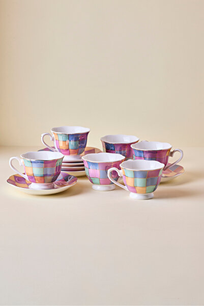 Perotti Antik 12 Parça 6 Kişilik Renkli Mozaik Porselen Kahve Fincanı Takımı