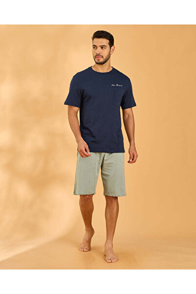 REDTAG Men Navy And Green Placement Print T-Shirt & Shorts Pyjama Set