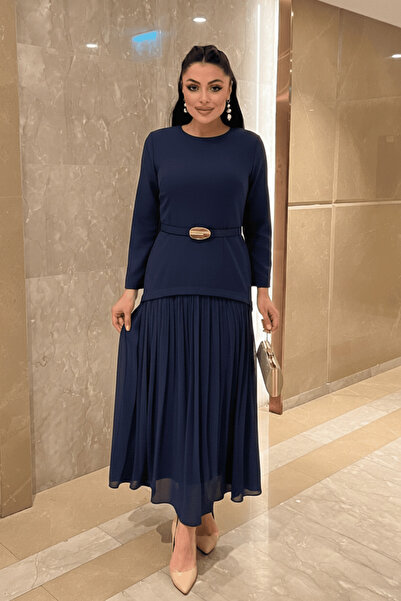 giyimmasalı Üst Atlas Alt Chiffon Fabric Dress - Dark Blue