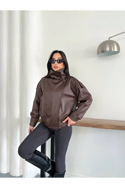 Sereia Zra Model High-Collar Brown Buttoned Leather Jacket for Women - Brown ...