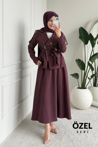 Mogi Butik Cross Zipper Detailed Double Breasted Collar Hijab Skirt Suit 3176...
