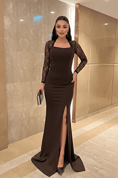 giyimmasalı Atlas Fabric Lace Detailed Corseted Evening Dress - Brown