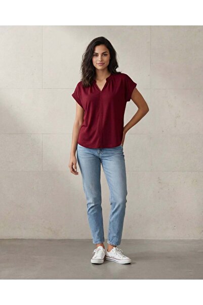 REDTAG Women Burgundy Plain V Neck Knitted Top