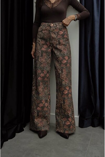 BRTC design Women's Brown Flower-Patterned High Waist Denim Pants