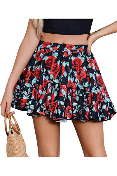 Acramy Women's pleated, flared sports skirt, elastic waist, black with flowers L