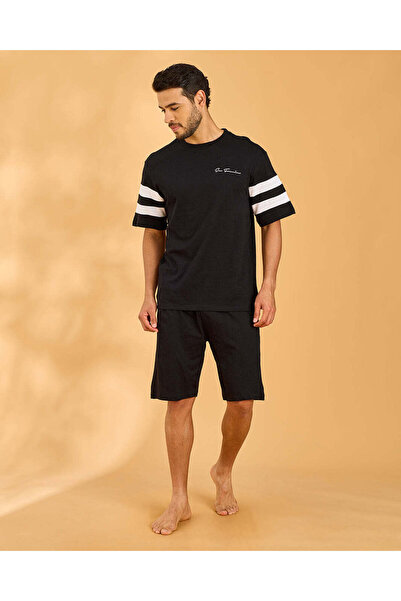 REDTAG Men Black Placement Print T-Shirt & Shorts Pyjama Set
