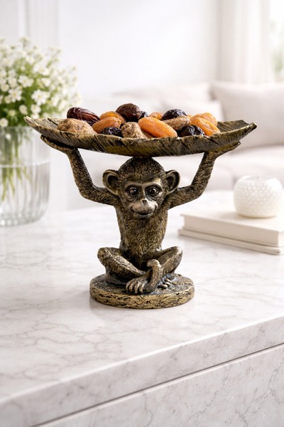 imosas Dekoratif Maymun Biblo Tepsi – 23x15 cm – Modern Salon & Ofis Masa Üst...
