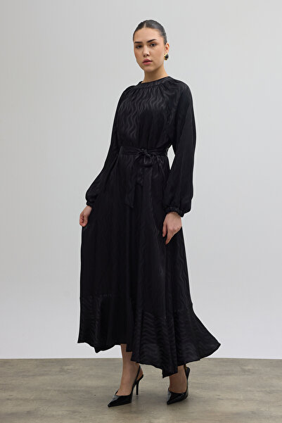 VAVİNOR فستان جاكار بحزام - أسود