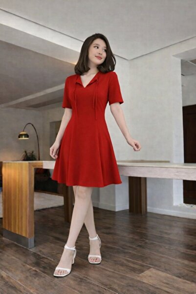 civetta Short Sleeve Collar Lace Detail Atlas Fabric Dress