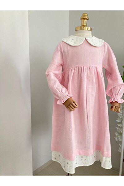 UHDE STORE Kız Çocuk Yıldız Pembe Tesettür Müslin Elbise Merasim Elbisesi Umr...