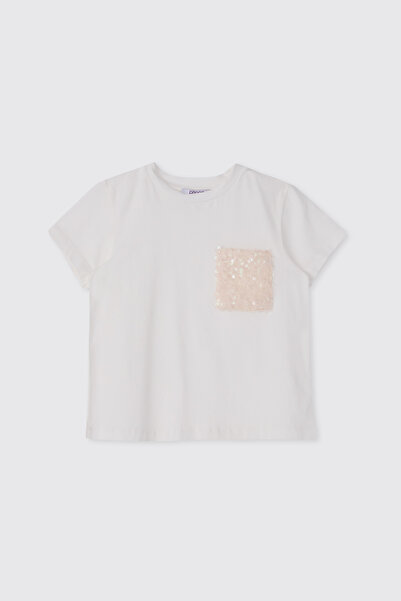 Panço Kız Çocuk Payetli Kısa Kollu Pudra Tişört