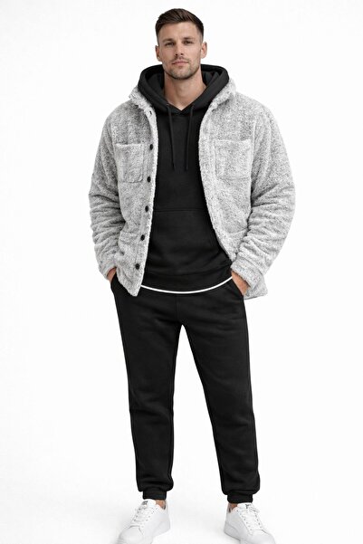 WENMİNG Men's Oversize Hooded Tracksuit Set with Plush Jacket, 3-Piece Combin...