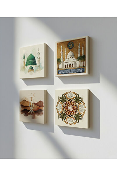 Etniky Taş Tablo Medine Serisi 4’lü Dekoratif Kare Karo Seti - Sanatsal Mesci...