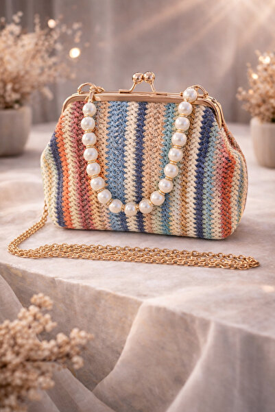 Özkayalargroup Pearl Handle Straw Handbag and Chain Crossbody Shoulder Bag