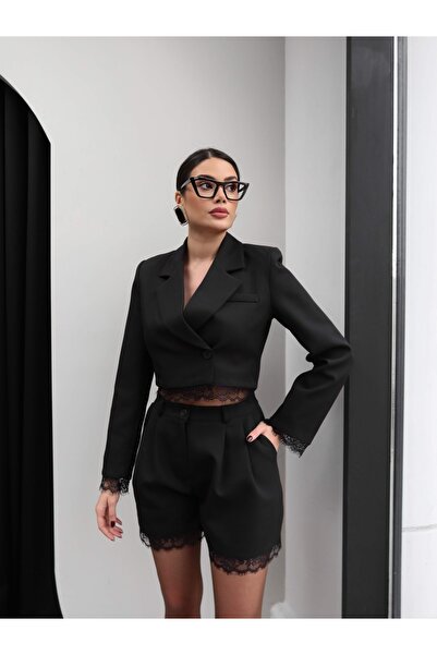ESRAHELVACI Lace Detailed Crop Jacket Shorts Set