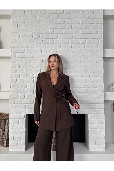 solena sln Women's Side-Tie Double Belted Blazer Jacket and Trousers Set Brown