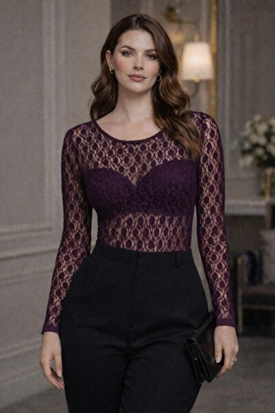 Seamoda Plus Size Lycra Elegant Lace Blouse-Bordo