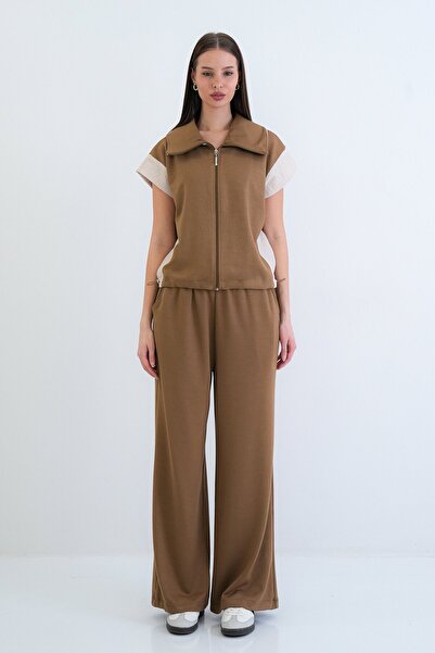 VAGGON Zippered Vest and Elastic Waist Pants Set