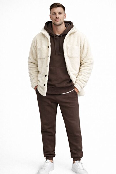 WENMİNG Men's Oversize Hooded Tracksuit Set with Plush Jacket, 3-Piece Combin...