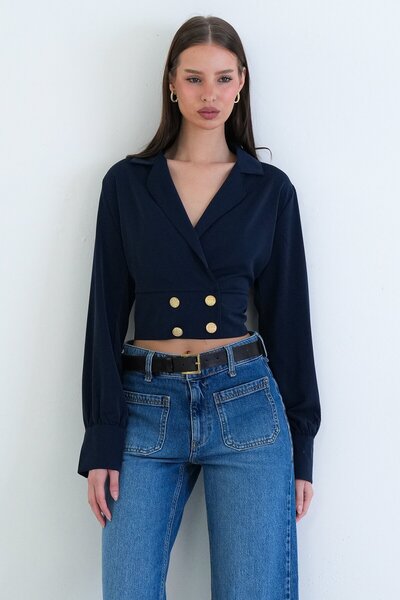 VAGGON Double-Breasted Collar Buttoned Crop Jacket