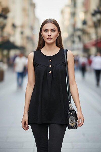 Mossta Front Buttoned Pleated Relaxed Fit Strap Blouse - Black