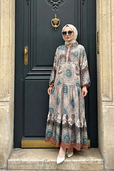 MODAQU Hakim Collar Patterned Long Comfortable Viscose Dress - Light Brown