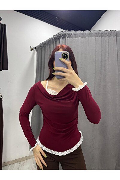 Store Kadın Bordo Degaje Yaka Dantel Detaylı Bluz