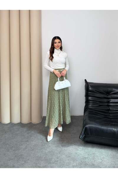 Hatun Atila Green Elastic Waist A-Line Openwork Lined Flared Lace Skirt 5279