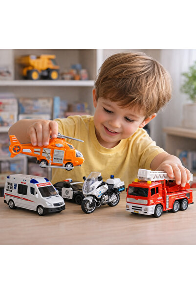 OEM Rescue Vehicle Set with Sound and Lights, 5 Pieces, Helicopter, Police, A...