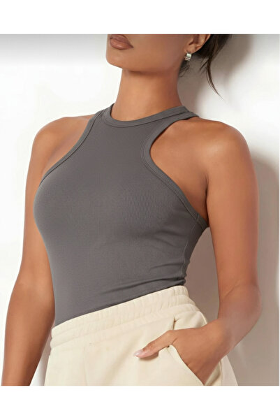 CDA Luludi̇ Women's Gray Halter Neck Crop Body Athlete Top – Ribbed Stretch F...