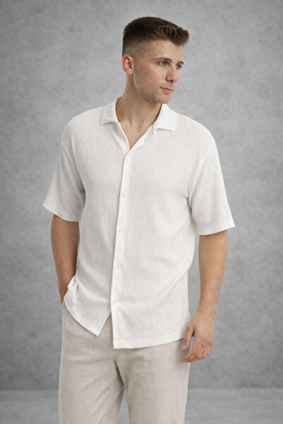 Polo State Ανδρικό πουκάμισο από ύφασμα κρίνκλ σε κανονική εφαρμογή, λευκό