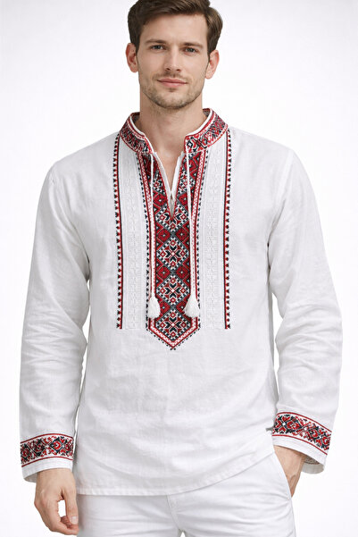 Nobrand Ie/Traditional Romanian men's shirt, white with red-black embroidery,...