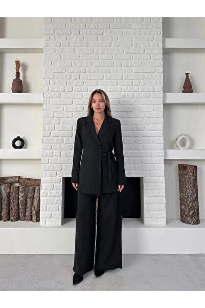 solena sln Women's Side-Tie Double Belted Blazer Jacket and Trousers Set Black