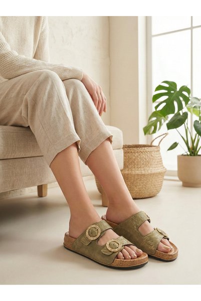 mollissoft Women's Anatomical Cork Sole Double-Strapped Buckle Casual Slippers