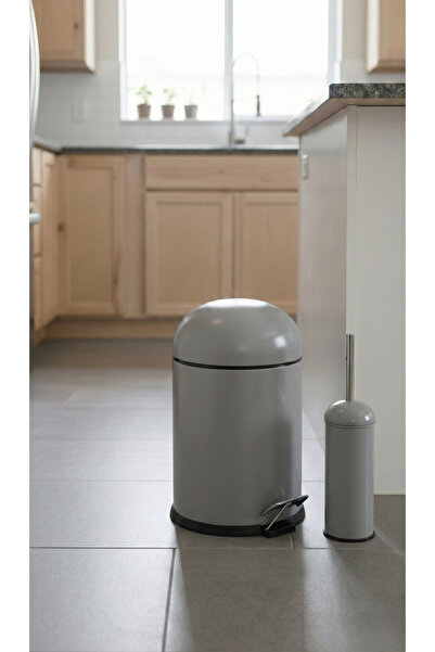 GörSeç Metal Bon Kapak 5 Lt Gray Trash Can with Shock Absorber Toilet Brush B...