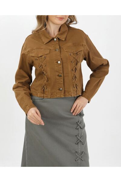 VELLICHOR Lace-Up Denim Jacket - Camel