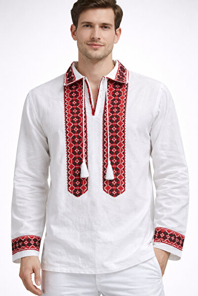 Nobrand Traditional Romanian men's white shirt with red-black sewn embroidery...