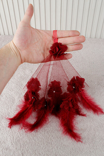 Mortex Bordo Üç Boyutlu Çiçek Tüy Taş Süslemeli Gelin Damat El Halay Mendili,...