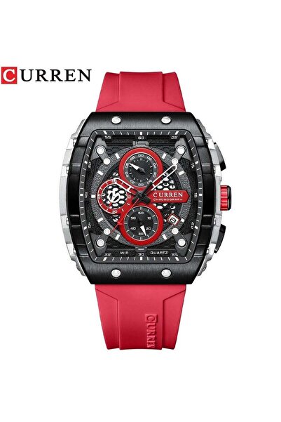 Curren Men's Waterproof Quartz Watch, Luminous Markers, Silicone Strap, 8442 Red