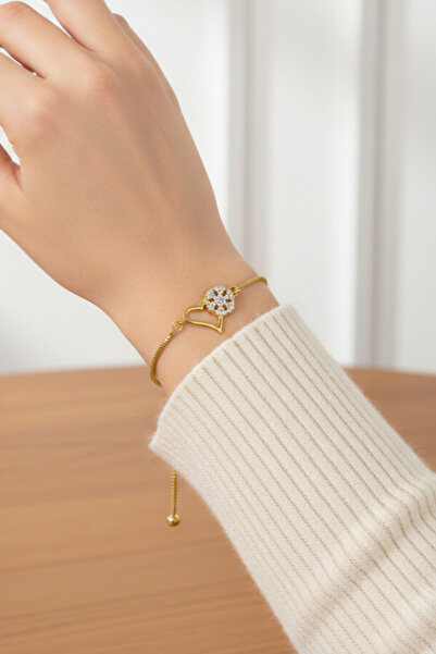 takimaster سوار ذهبي اللون على شكل قلب وندفة ثلجية مرصع بحجر الزركون قابل للت...