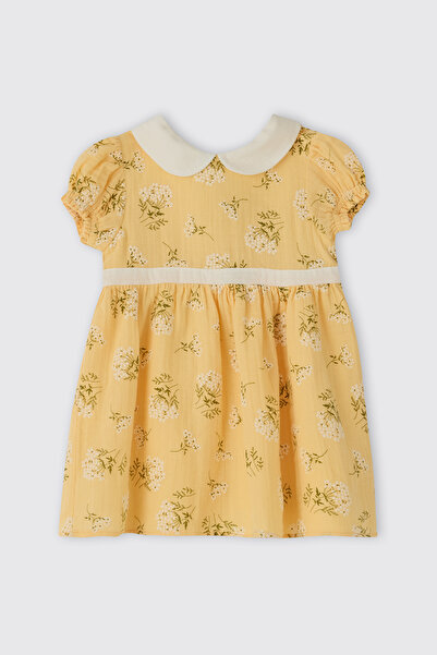 Panço Kız Bebek Desenli Sarı Müslin Elbise