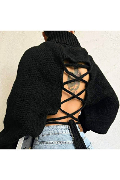 Mad Diva Pulover Scurt cu Spatele Gol, Negru