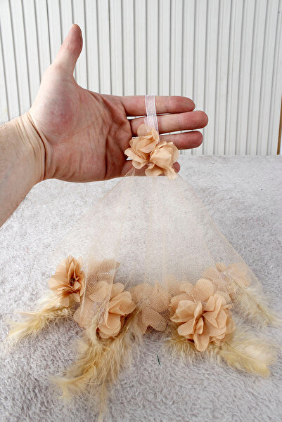 Mortex Kapuçino Üç Boyutlu Çiçek Tüy Taş Süslemeli Gelin Damat El Halay Mendi...