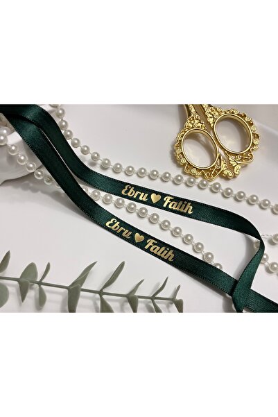 lafazan Dökülmeyen İncili Yeşil Saten Yüzük Kurdelesi Gold Baskılı Kişiye Öze...