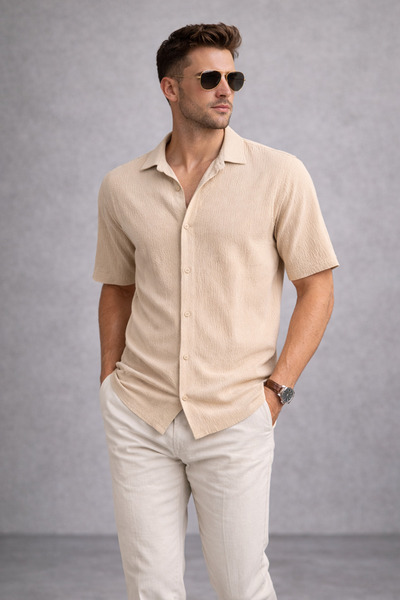 Polo State Ανδρικό πουκάμισο από ύφασμα κρίνκλ σε κανονική εφαρμογή, μπεζ