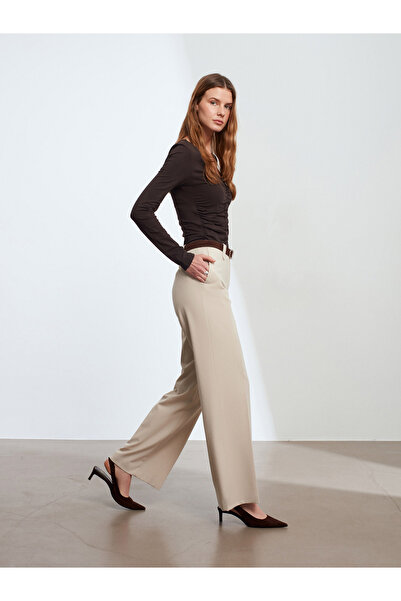Dilvin 72643 Mid-Waist Wide Leg Pants-Stone