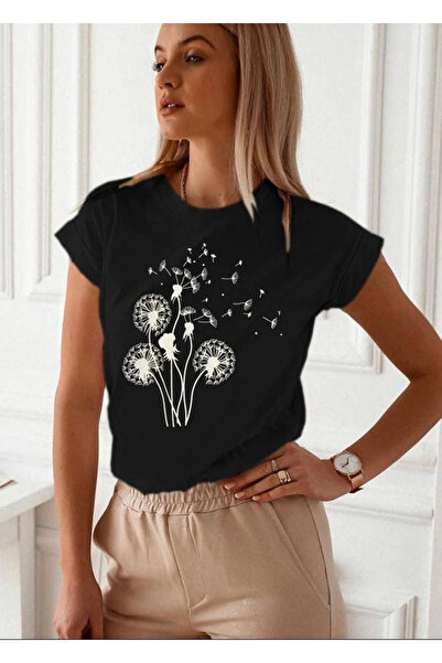Mad Diva Tricou Negru din Bumbac Cu Imprimeu Papadie