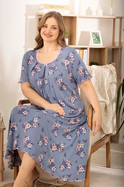 Miss Meryem Mavi Çiçek Desenli Ring Viskon Kısa Kol Büyük Beden Elbise