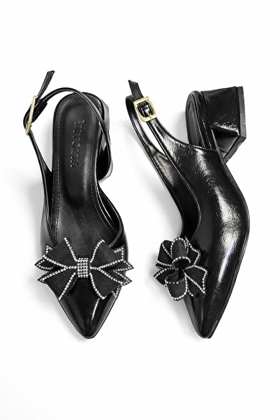 DURUNUN BUTİĞİ Afra Bow-Tied Black Wrinkled Patent Leather (4 cm Heel Length)...