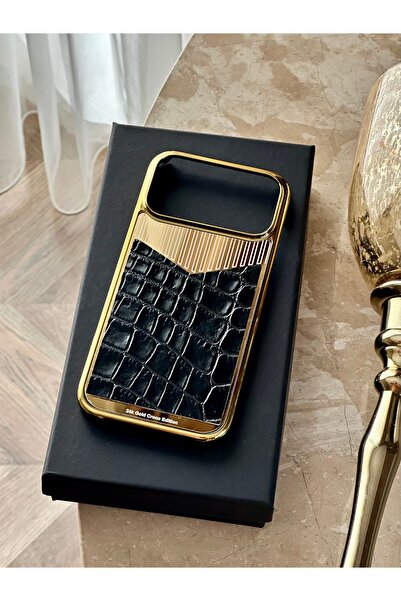 MHIRAJE Siyah Timsah Derisi Model ve Altın Kaplama iPhone 17 Pro Kılıf